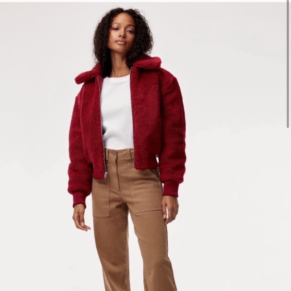 Wilfred Free red teddy zipper jacket aritzia xs